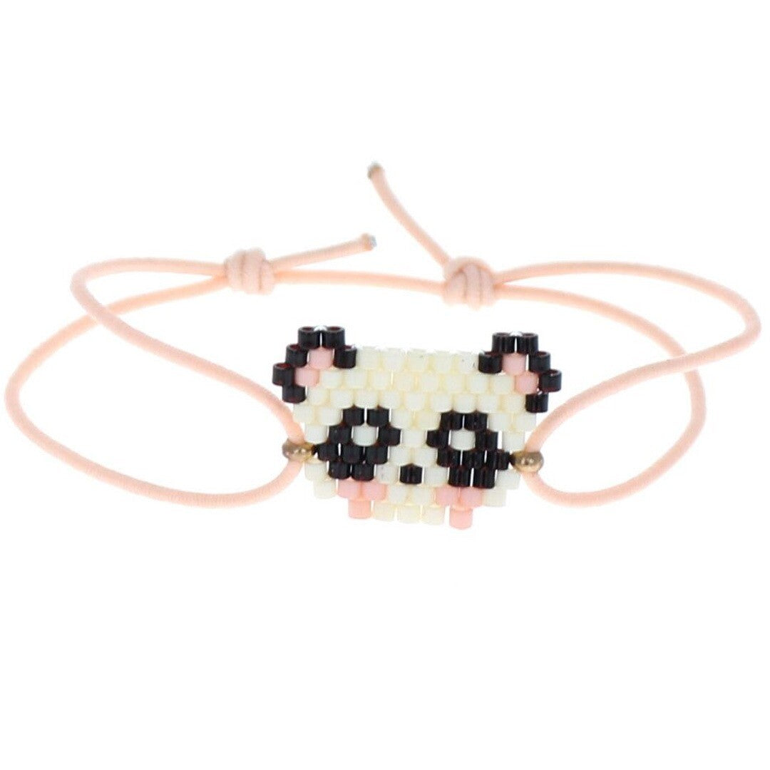 Le Petit Souk kinderarmband met een panda gezichtje van kralen op een roze elastiek.