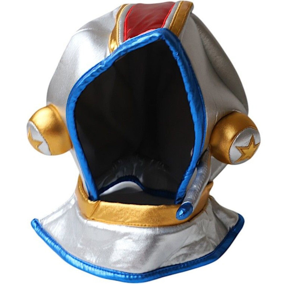 Le petit souk zilveren astronautenhelm voor kinderen met blauwe en gouden accenten.