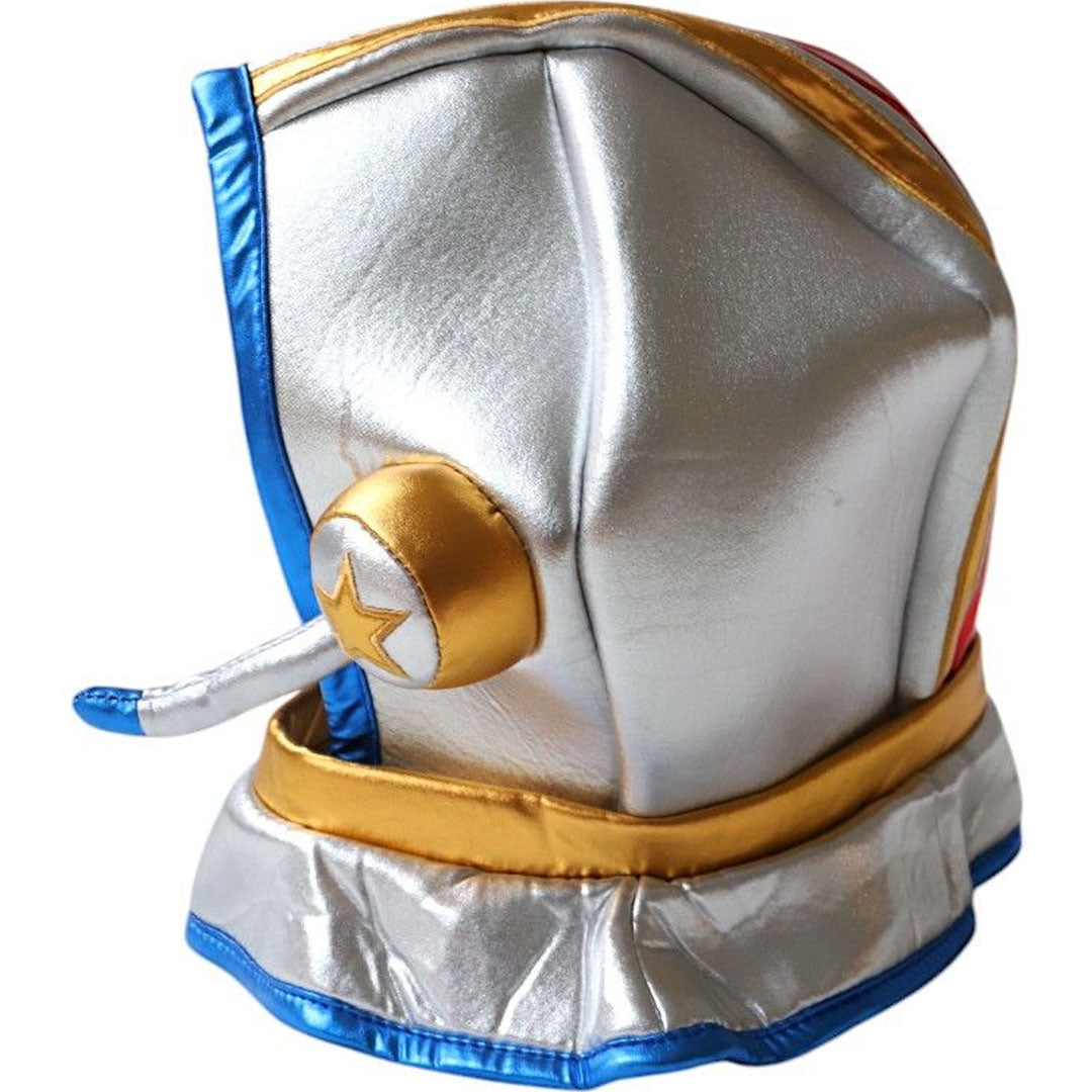 Le petit souk zilveren astronautenhelm voor kinderen, zijaanzicht met gouden ster.