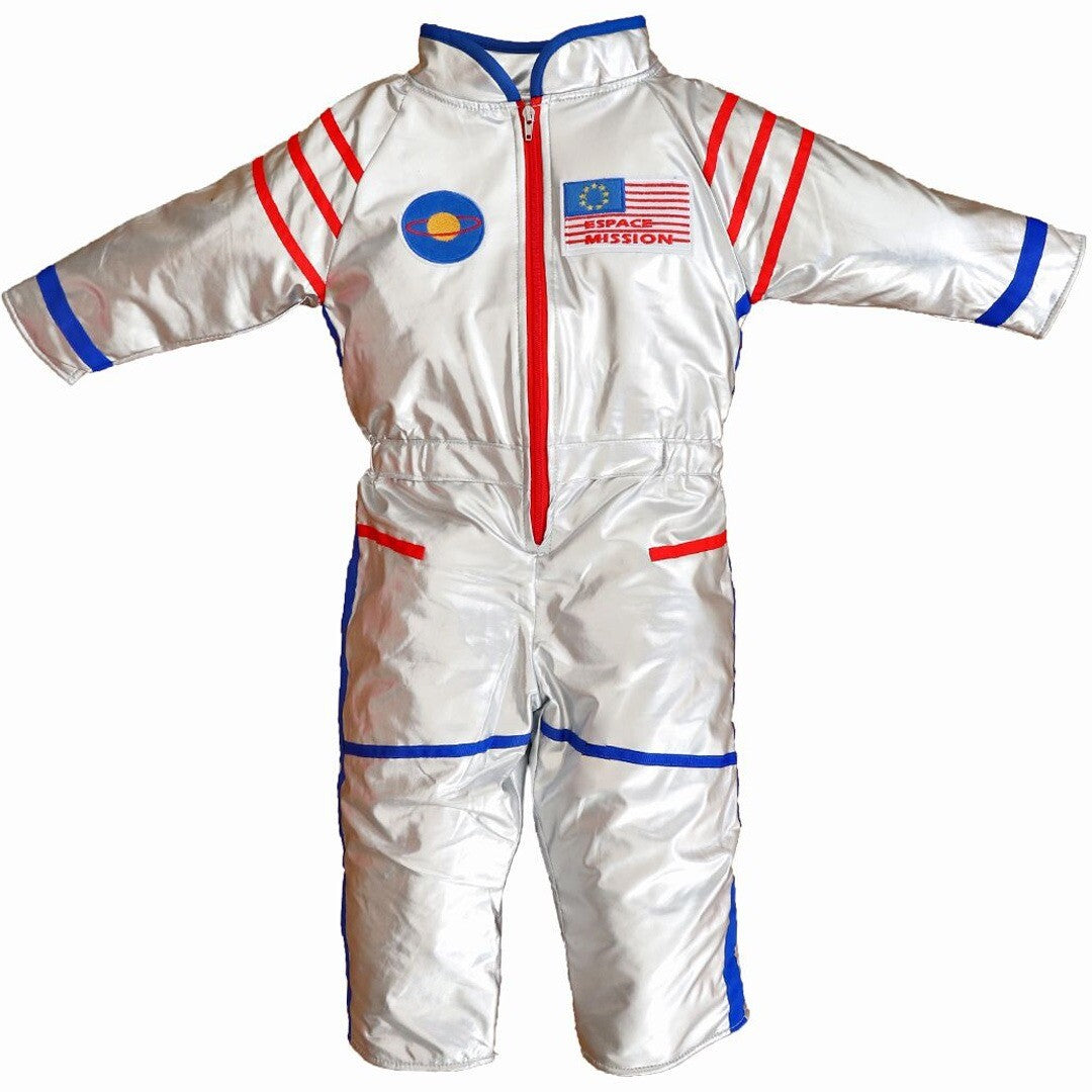 Le petit souk zilveren astronautenpak voor kinderen met rode rits en patches.