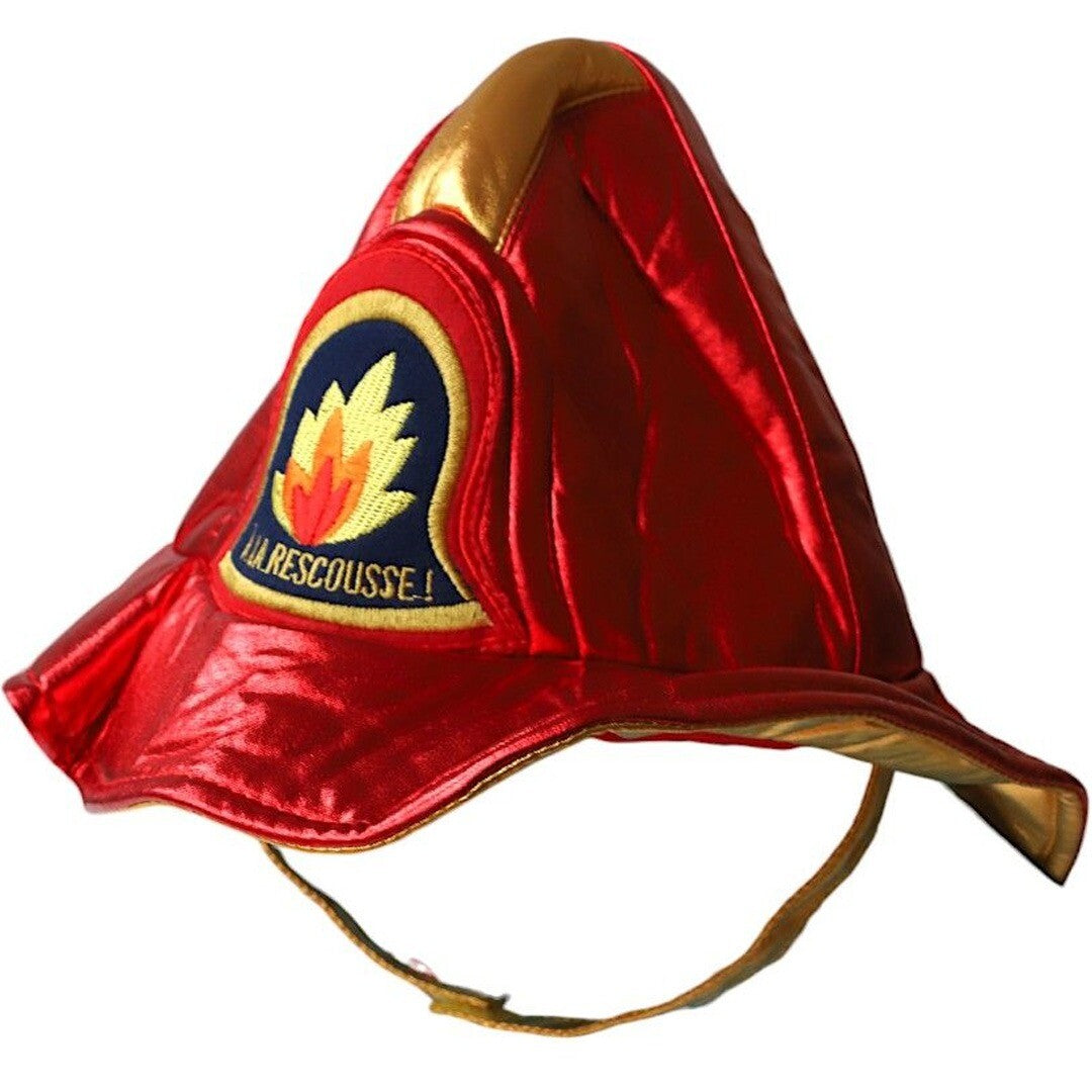 le petit souk rode brandweerhelm schuin van voren gezien, met goudkleurige accenten.