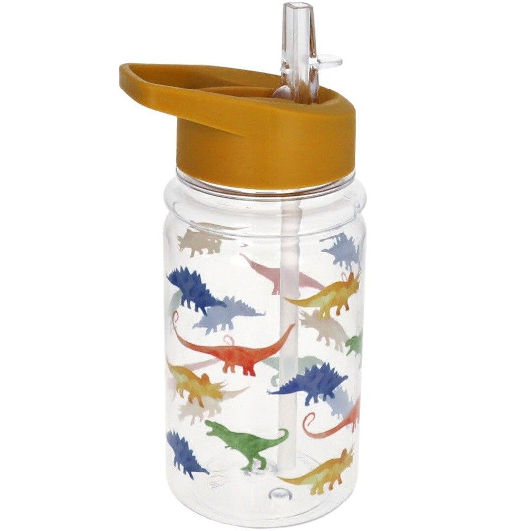 Le petit souk plastic drinkfles met geel deksel, rietje en dinosaurusprint.