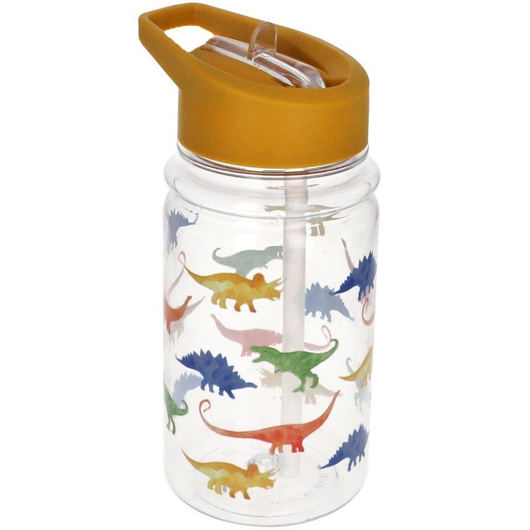 Le petit souk plastic drinkfles met geel deksel, rietje en dinosaurusprint.