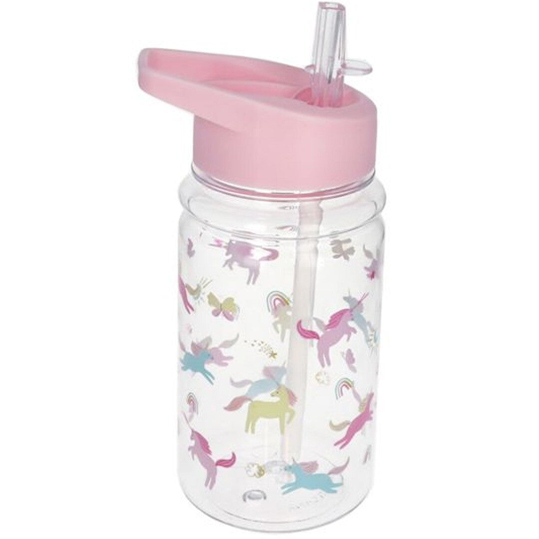 Le petit souk plastic drinkfles met roze deksel en rietje, versierd met eenhoorns en regenbogen.