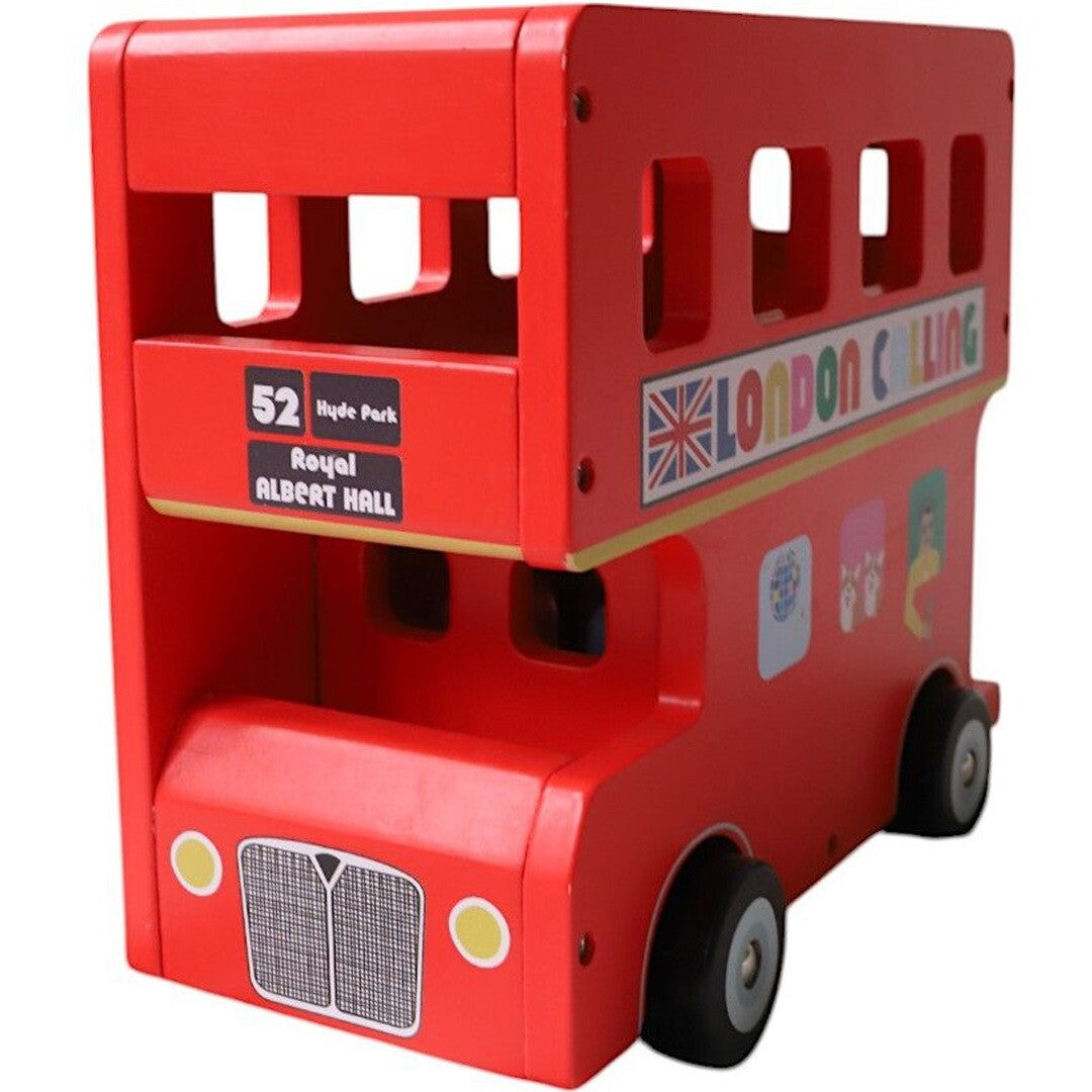 le petit souk houten dubbeldekker speelbus met opschrift 'London Calling' en 'Hyde Park'.