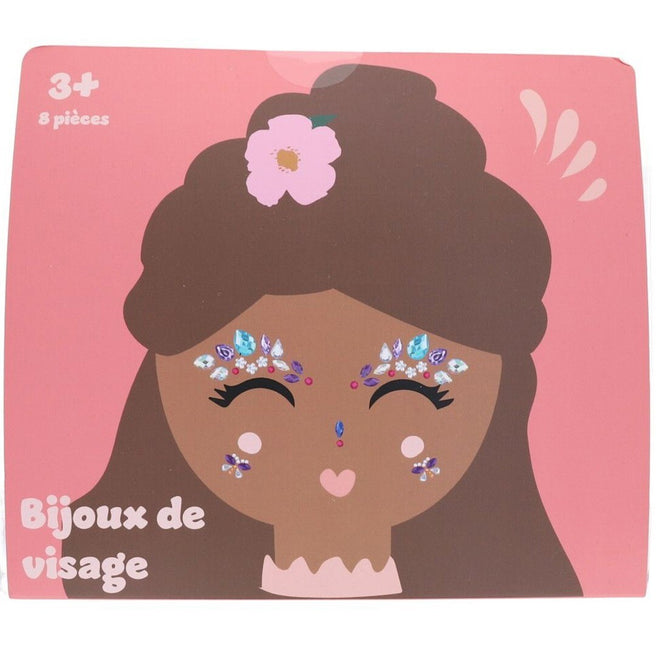 Voorkant van de le petit souk gezichtstickers verpakking met een illustratie van een gezicht versierd met glimmende steentjes.
