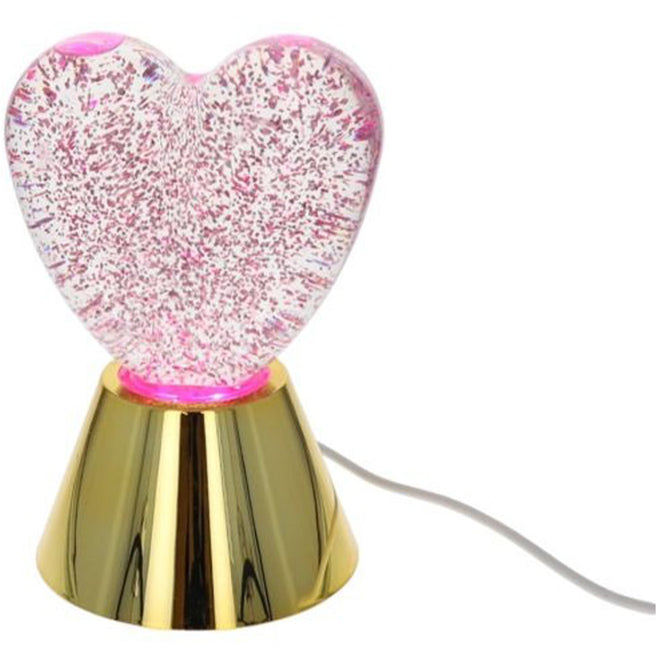 Le petit souk hartvormige glitterlamp met roze glitters en gouden voet, met USB-kabel.