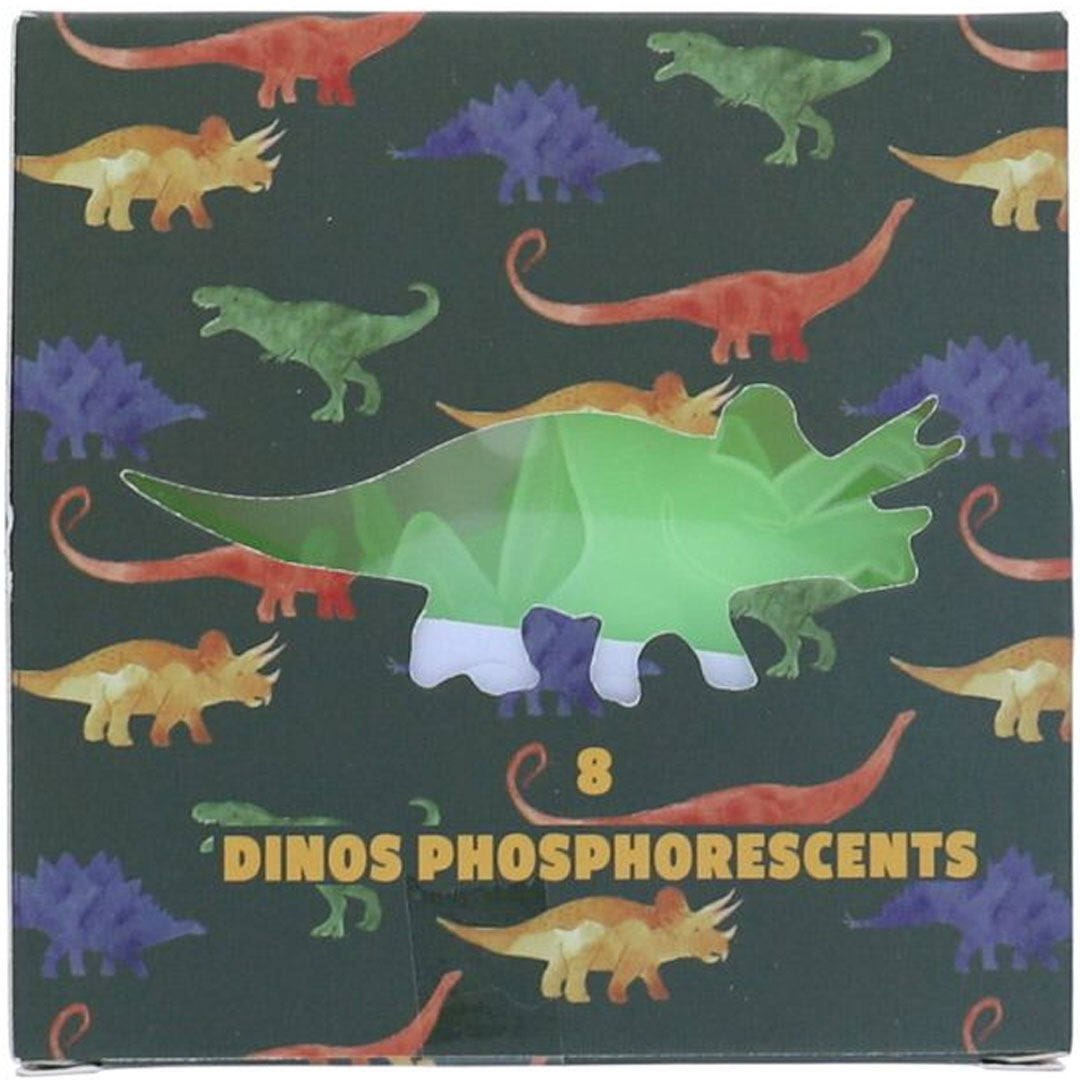 Verpakking van de le petit souk glow-in-the-dark dinosaurus decoratiestickers met een groene dinosaurus zichtbaar door een venster.