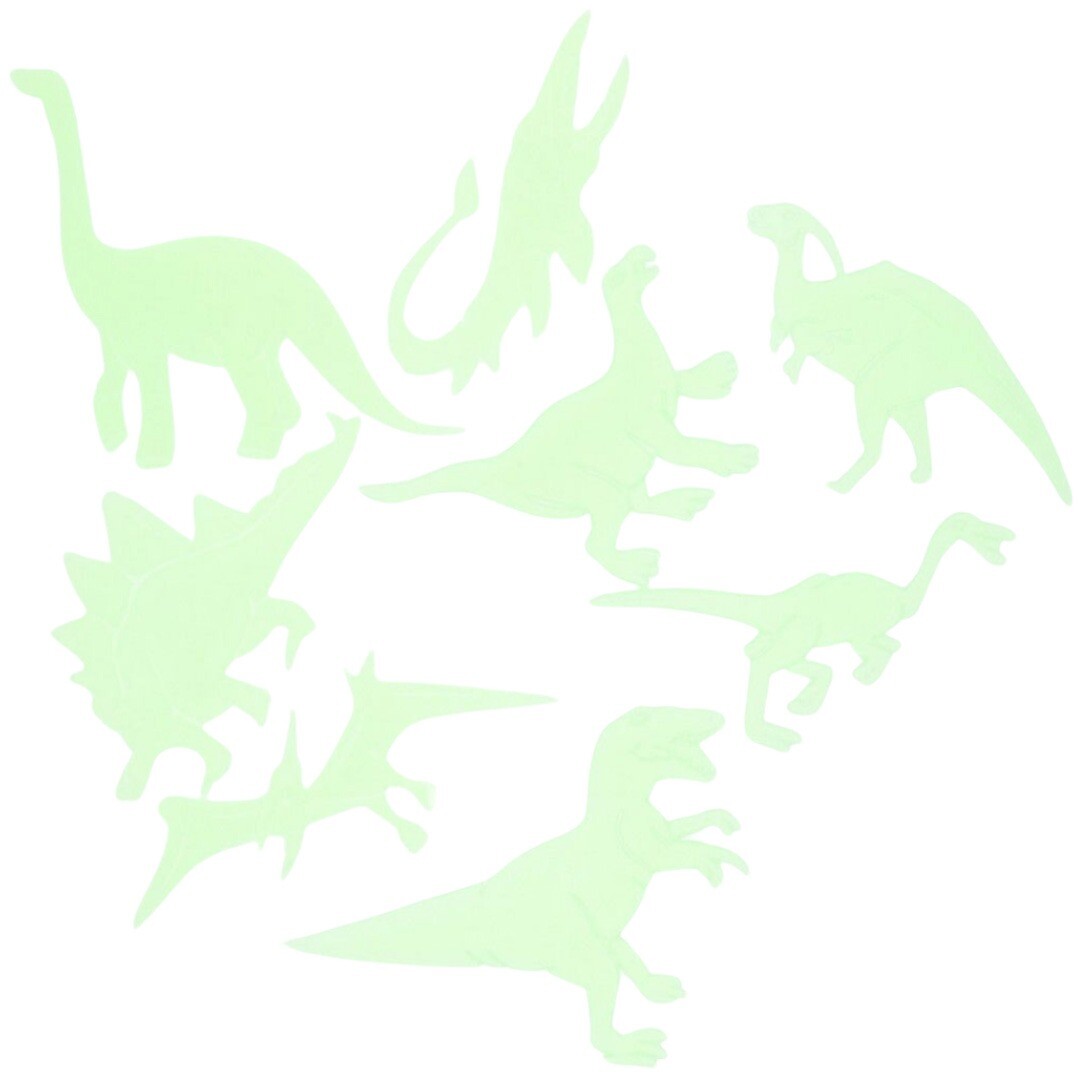 Acht lichtgroene glow-in-the-dark dinosaurus decoratiestickers in verschillende vormen.