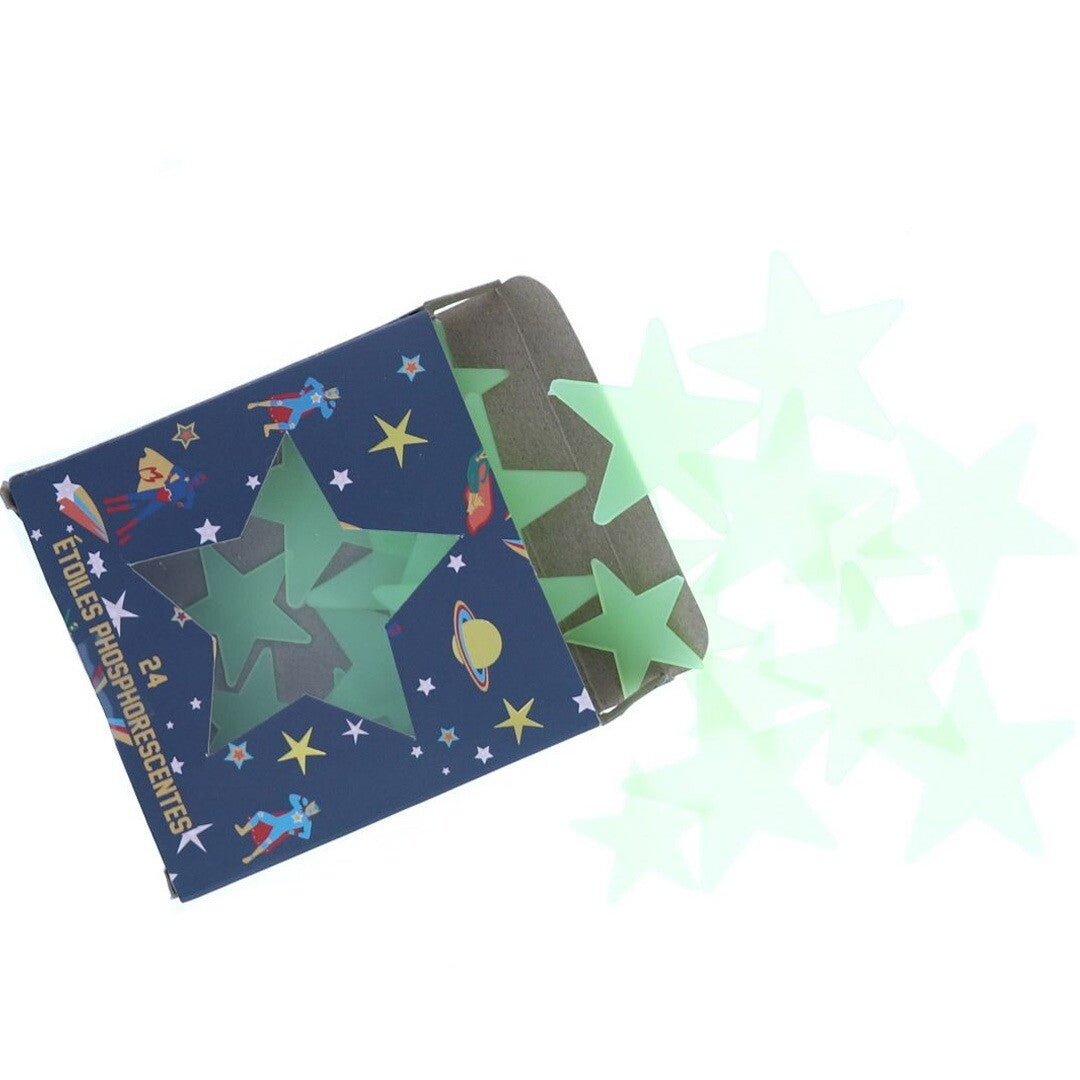 De open le petit souk verpakking met groene glow-in-the-dark sterren die eruit vallen.