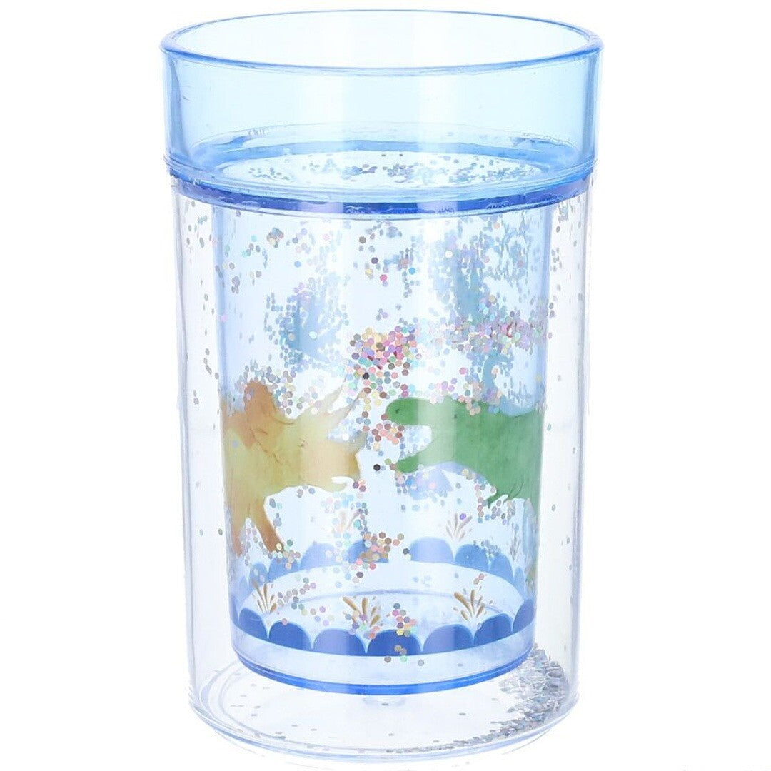 le petit souk kinderbeker van plastic met blauwe rand, glitter en dinosaurusafbeeldingen.