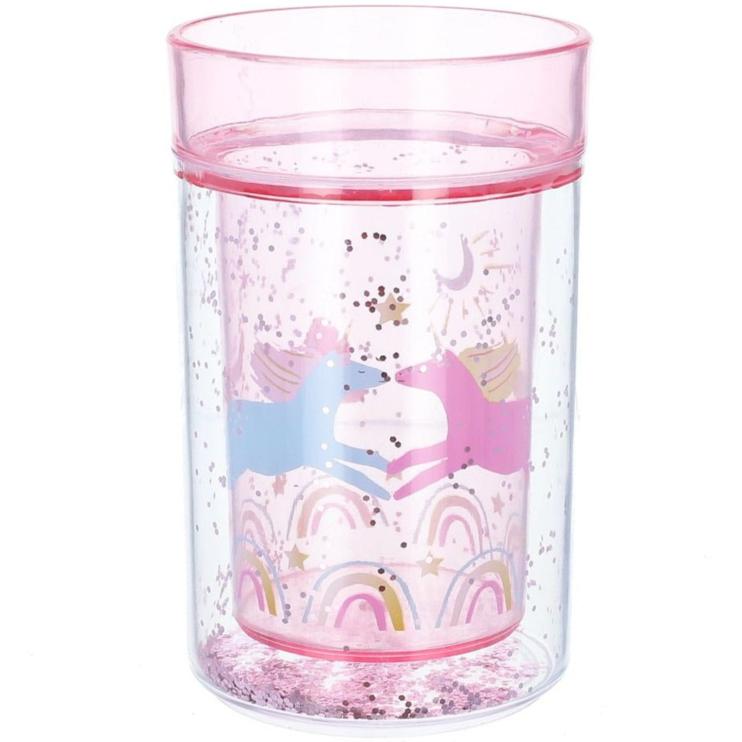 Le petit souk roze plastic kinderbeker met glitter, eenhoorns en regenbogen.