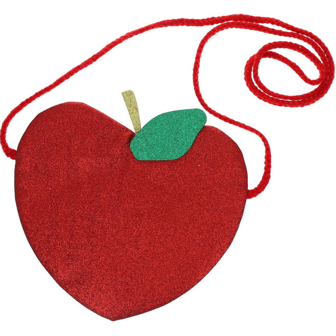 le petit souk rode glitter kinder schoudertas in de vorm van een appel, gezien vanaf de voorkant.