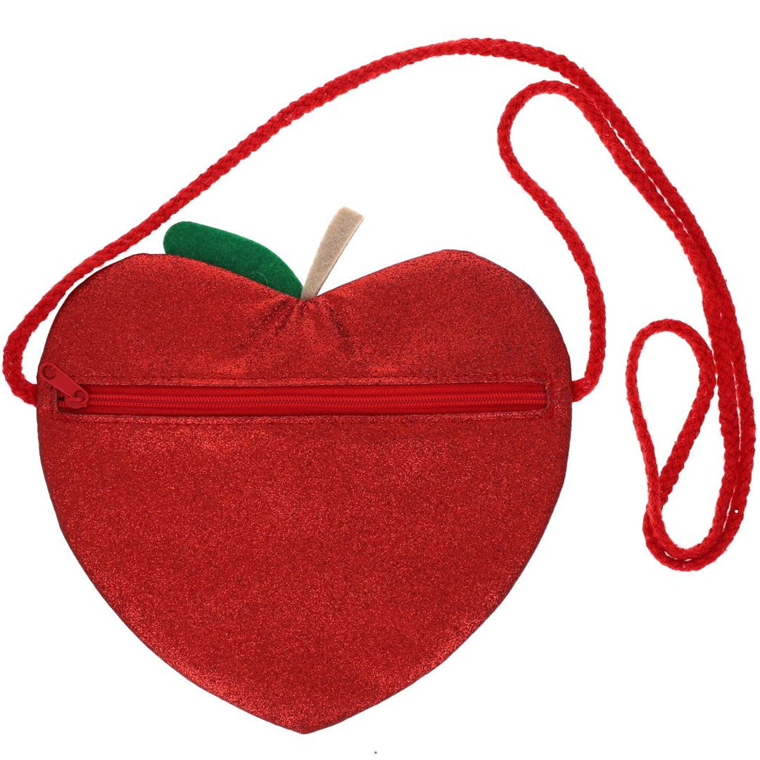 Achterkant van de rode glitter kinder schoudertas in de vorm van een appel, met een rode rits.