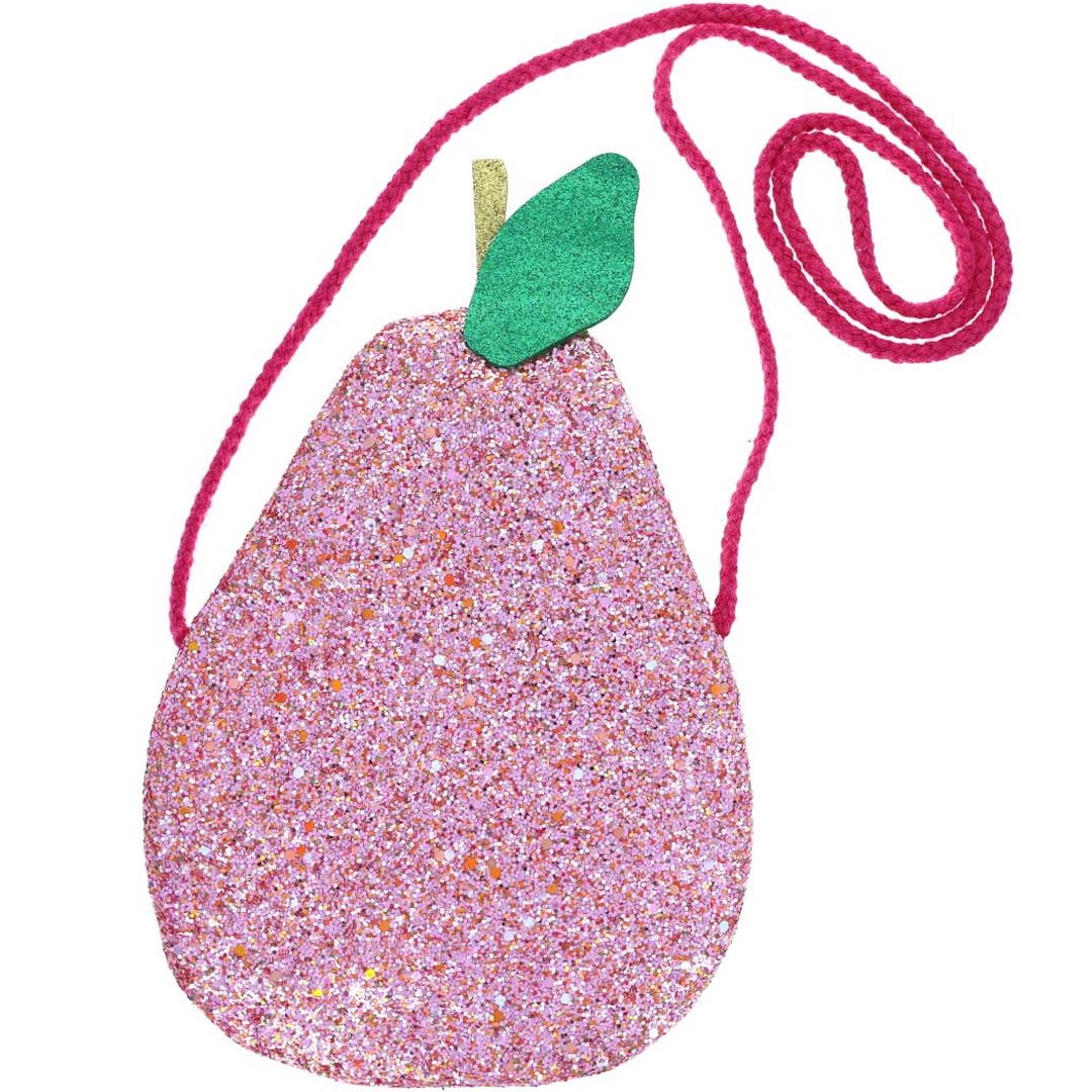 Le Petit Souk roze glitter kinderschoudertas in de vorm van een peer, vooraanzicht.