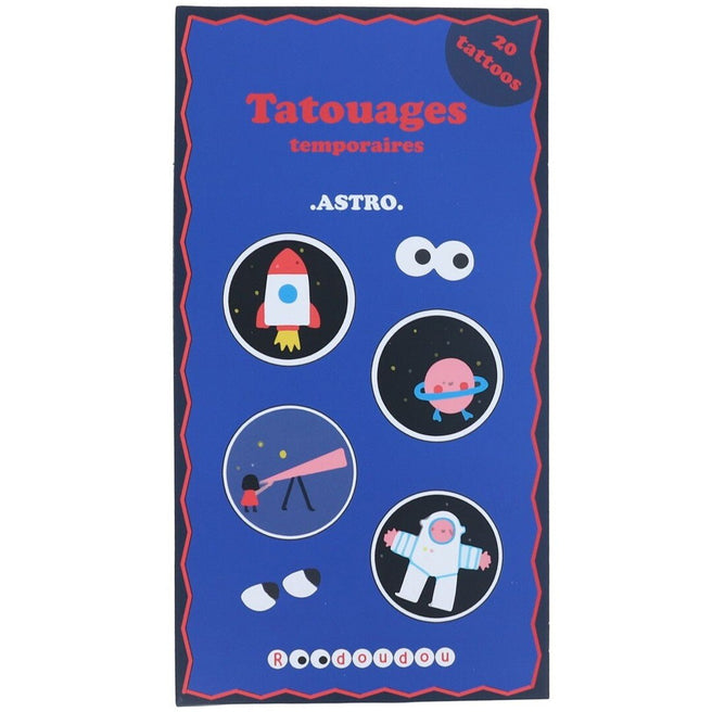 Verpakking van le petit souk kindertattoos met een ruimtevaartthema.
