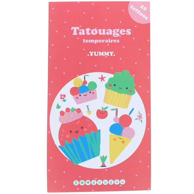 Le Petit Souk kindertattoos 'Yummy' verpakking met illustraties van cupcakes en ijsjes.