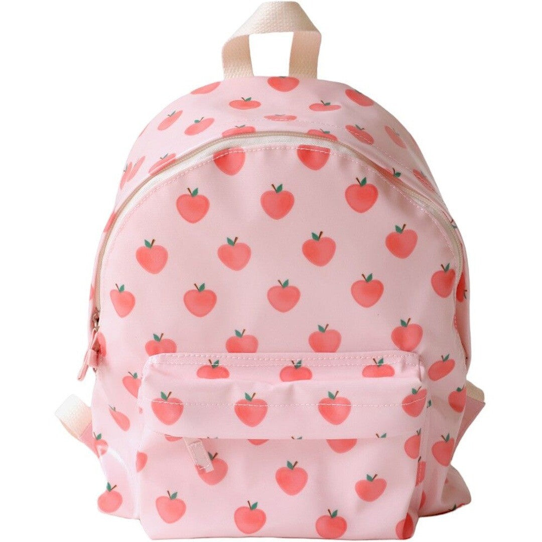 le petit souk kleuterrugzak in roze met appelpatroon, van voren gezien.