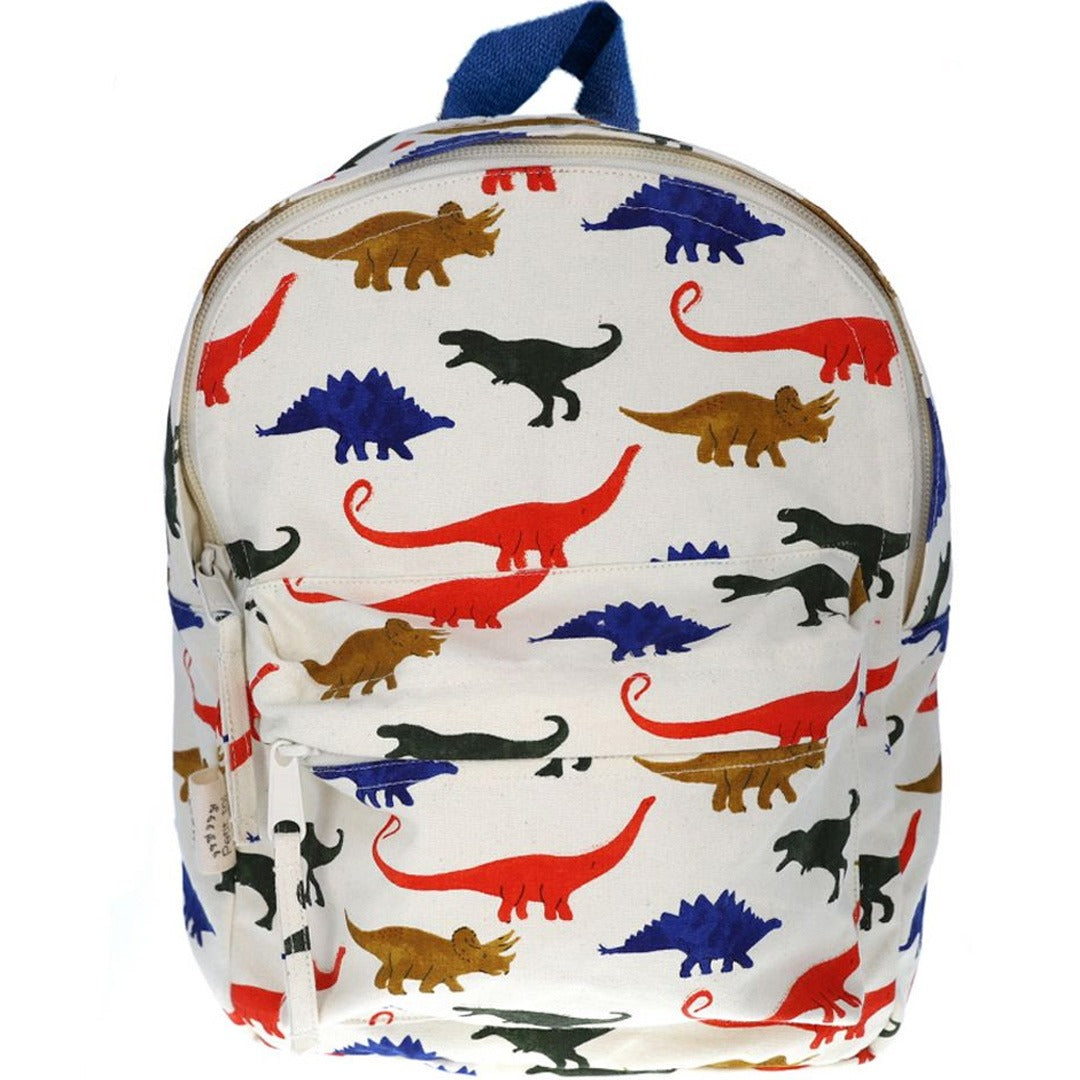 Le petit souk kleuterrugzak met een kleurrijk dinosauruspatroon, van voren gefotografeerd.