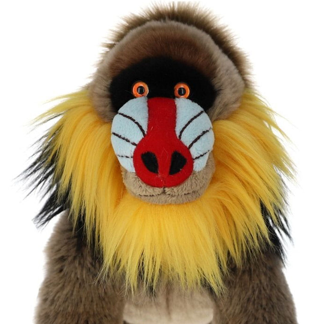 Detailopname van het kleurrijke gezicht van de le petit souk pluchen baviaan knuffel.