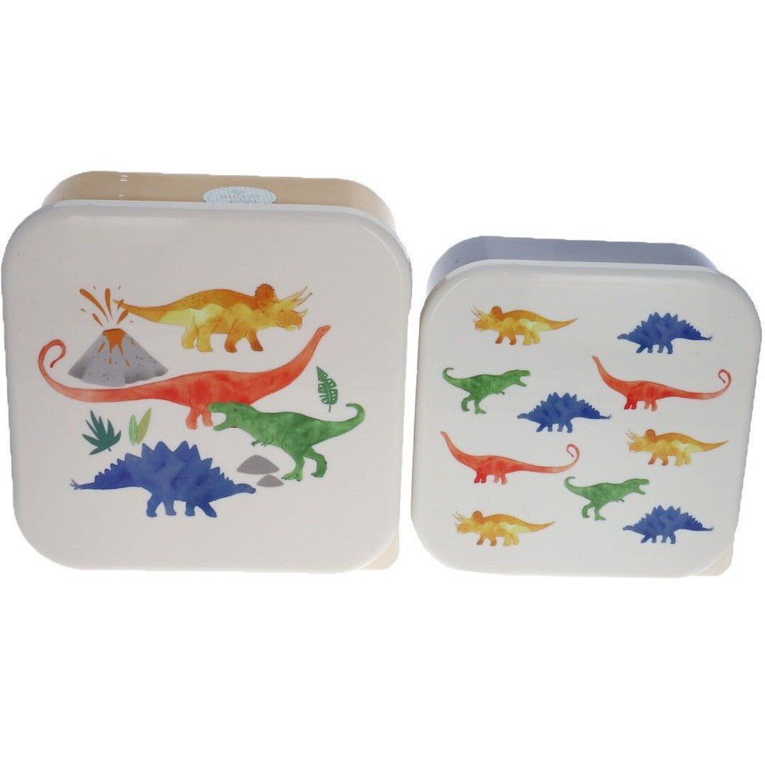 Le petit souk broodtrommelset met twee plastic lunchboxen, van bovenaf gezien, met witte deksels en kleurrijke dinosauruspatronen.