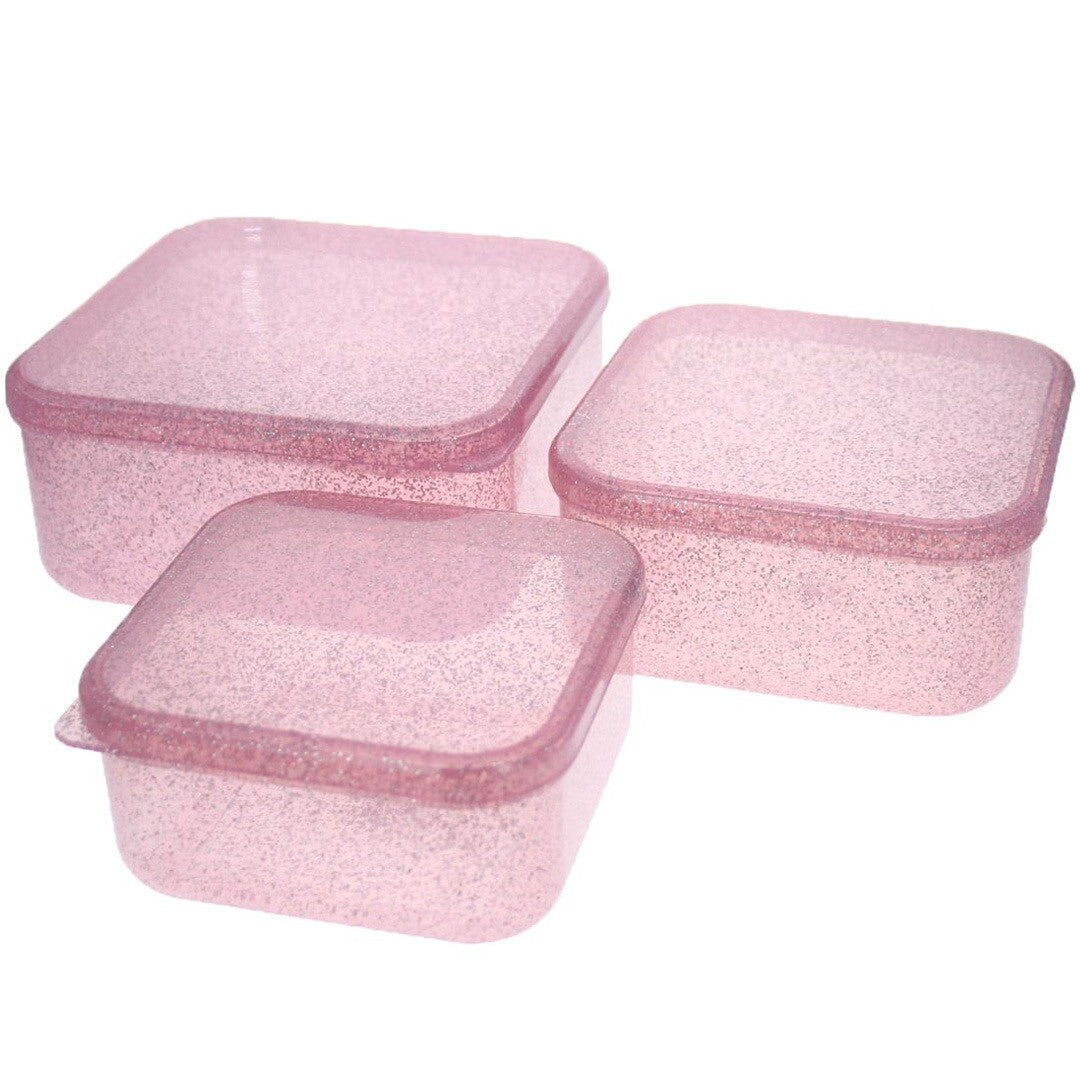 le petit souk roze glitter broodtrommelset van drie losse plastic lunchboxen.