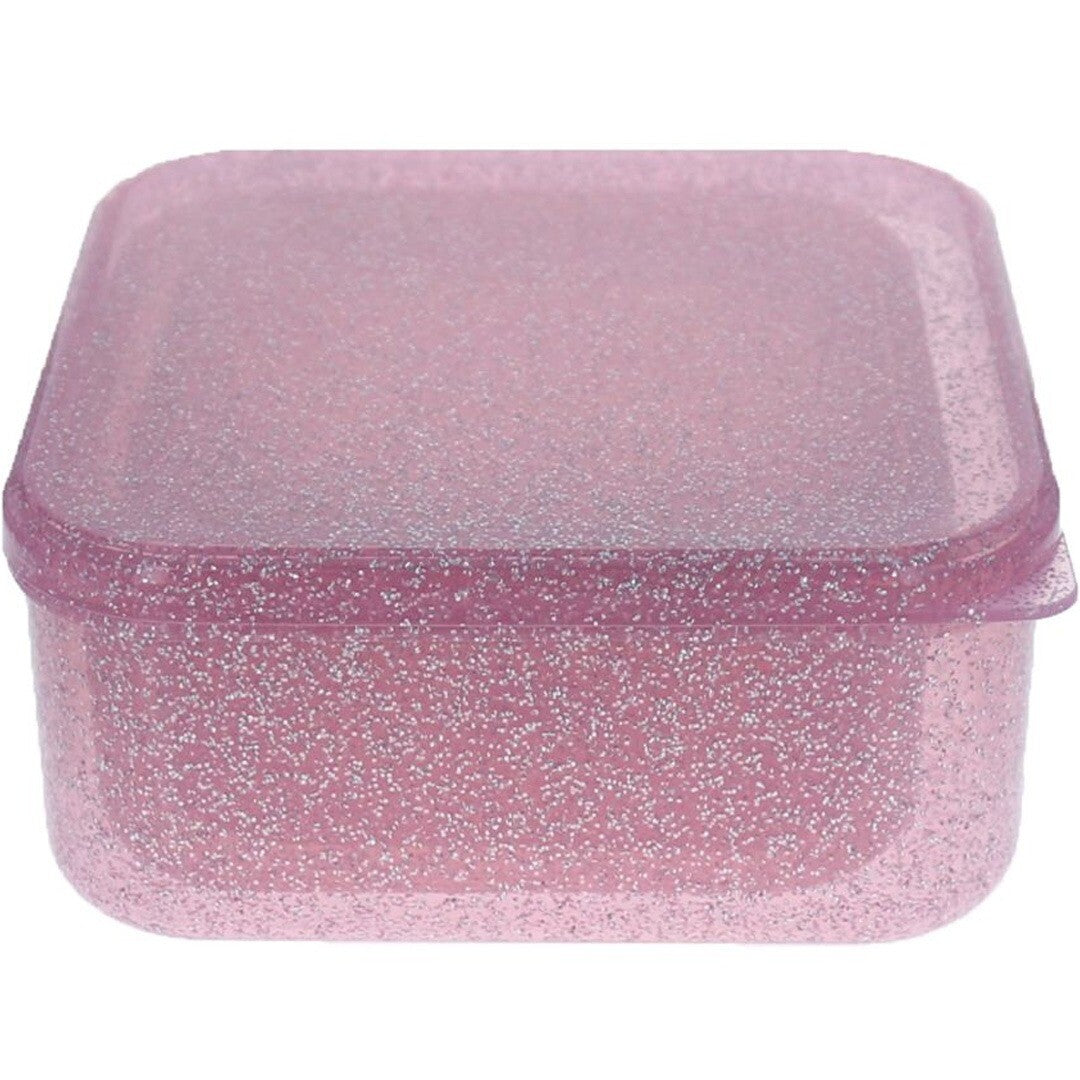 Detail van een le petit souk roze glitter plastic lunchbox.