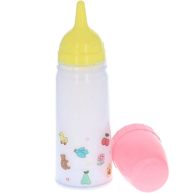 Le petit souk magische poppenfles met gele speen en losse roze dop, versierd met dieren en bloemen.