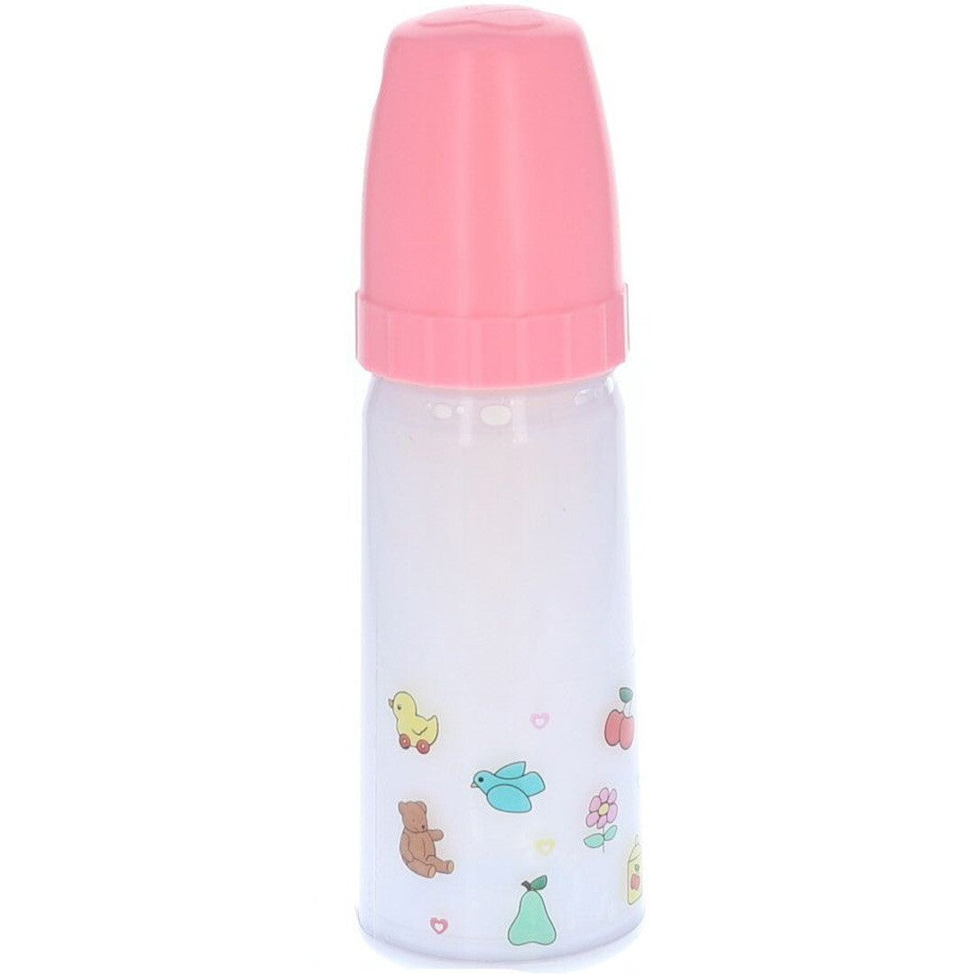 Le petit souk magische poppenfles met roze dop, versierd met dieren en bloemen.