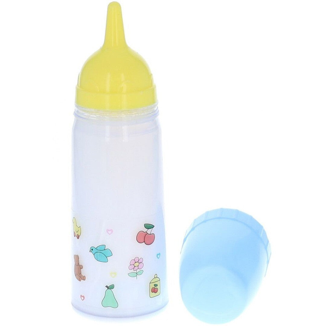 le petit souk magische poppenfles met gele speen en losse blauwe dop, versierd met figuren en bloemen.