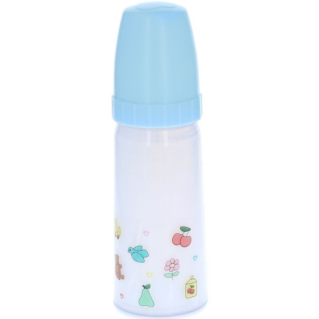 le petit souk magische poppenfles met lichtblauwe dop, versierd met figuren en bloemen.