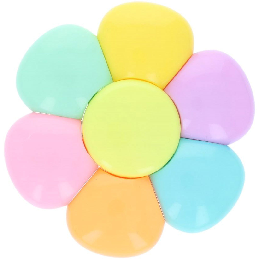 le petit souk 6-in-1 bloem markeerstift set, samengevoegd tot een pastelkleurige bloem, van bovenaf gezien.