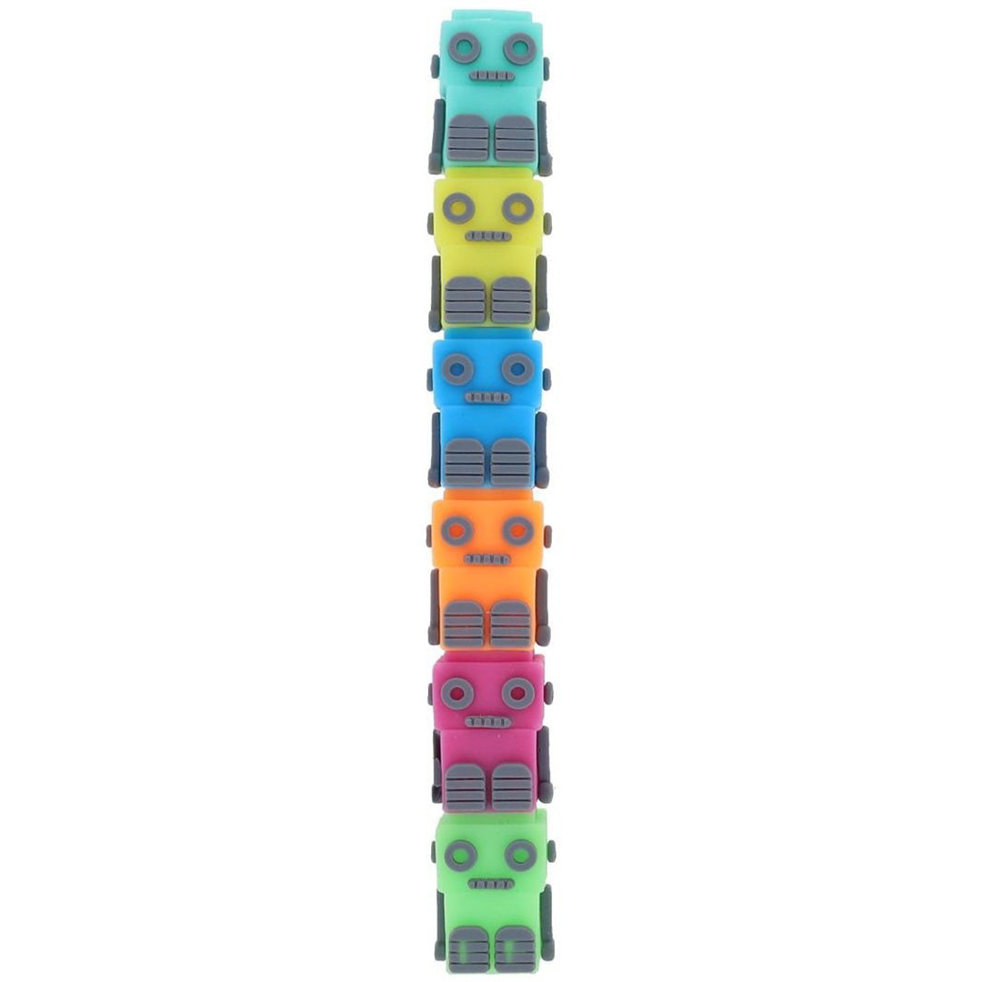 Een verticale stapel van zes le petit souk robot markeerstiften in verschillende kleuren.