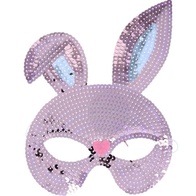 Le petit souk roze kinder masker in de vorm van een konijn, versierd met pailletten.
