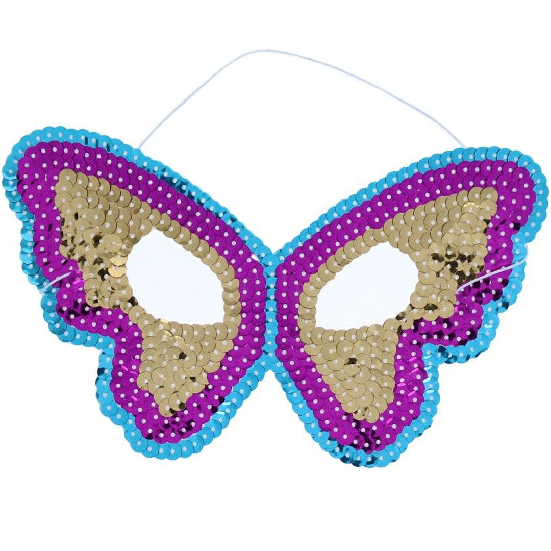 Le Petit Souk vlinder masker met gouden, paarse en blauwe pailletten.