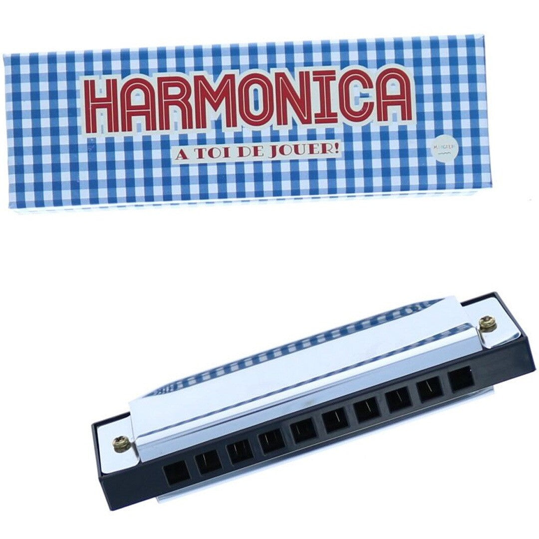 le petit souk mondharmonica met zilveren behuizing en geruite verpakking.