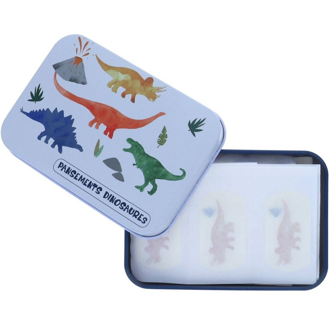 le petit souk dinosaurus pleisters in een open blauw blikje met illustraties van dinosaurussen.