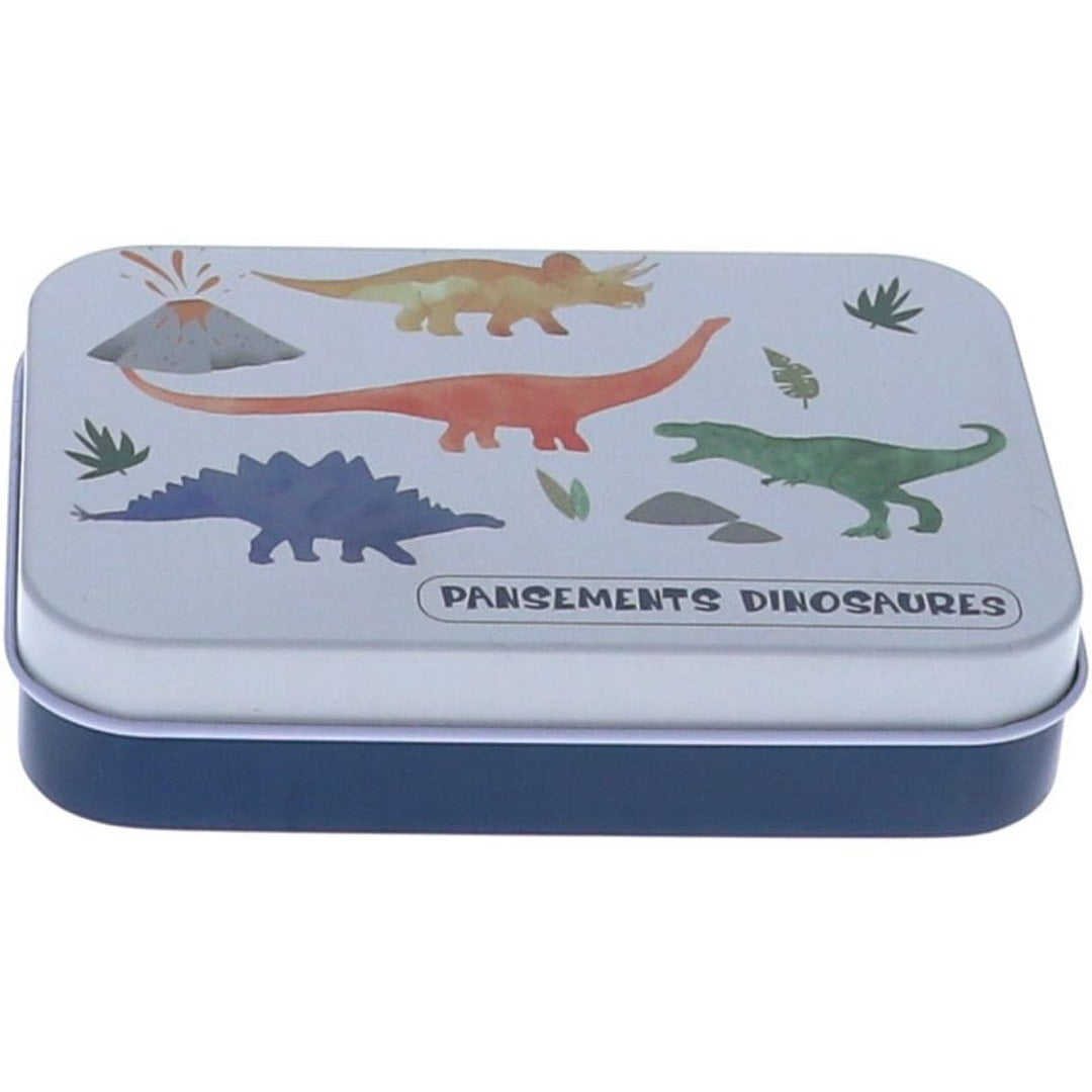 le petit souk dinosaurus pleisters in een gesloten blauw blikje met illustraties van dinosaurussen.