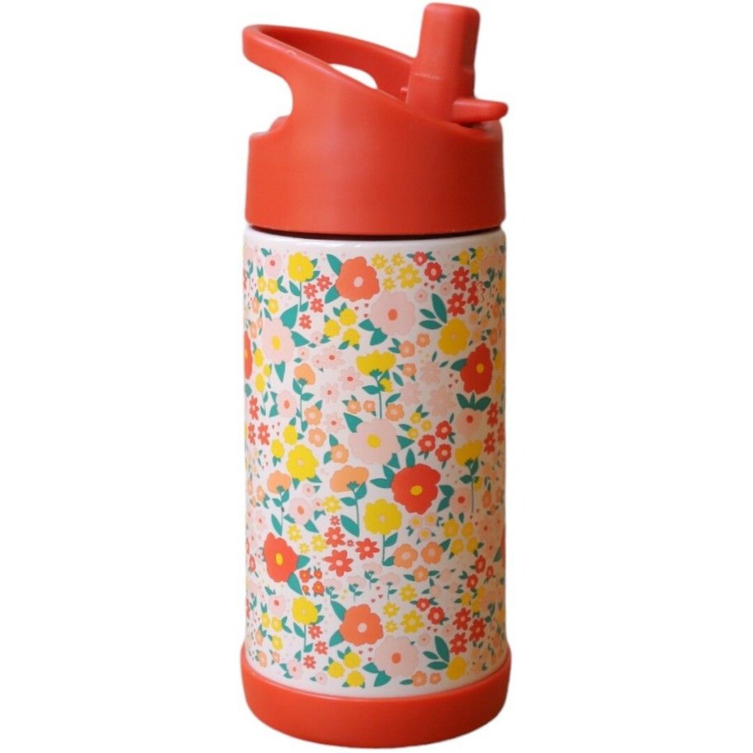 Le petit souk rvs thermosfles met rietje met bloemenpatroon en oranje dop.