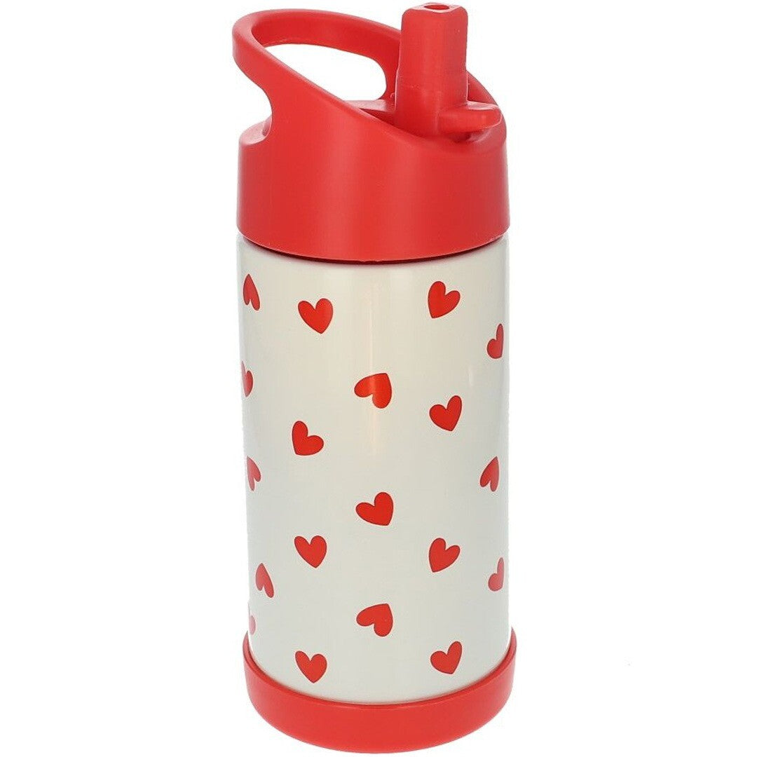 le petit souk RVS thermosfles met rietje, wit met rode hartjes.