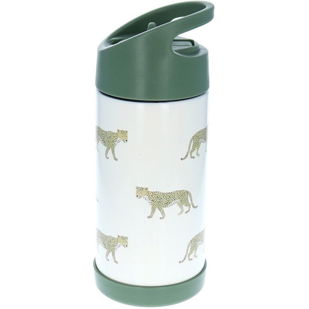 le petit souk rvs thermosfles met rietje en luipaardprint, schuin van bovenaf gefotografeerd.