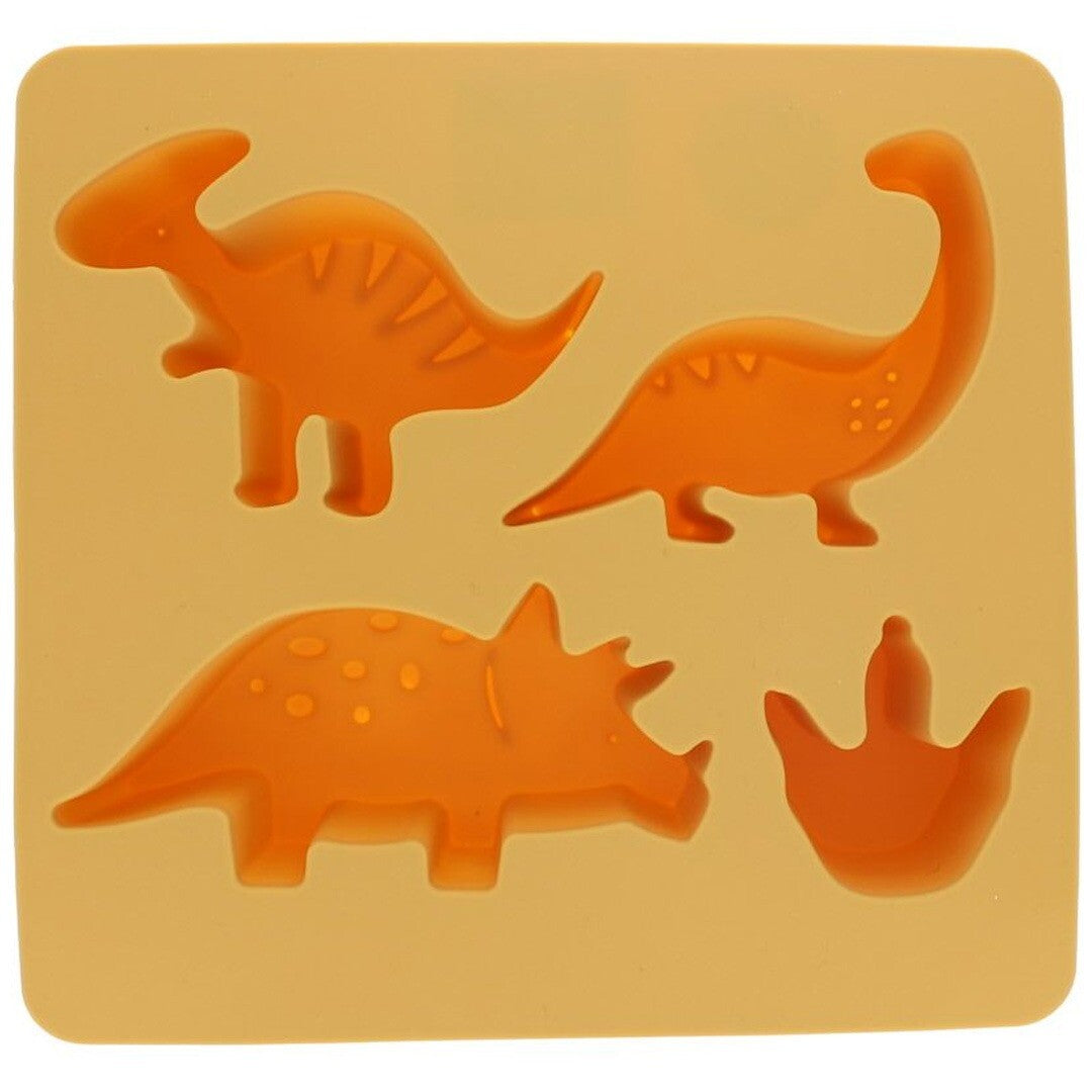 Le petit souk siliconen cakevorm met vier dinosaurusfiguren en een pootafdruk.