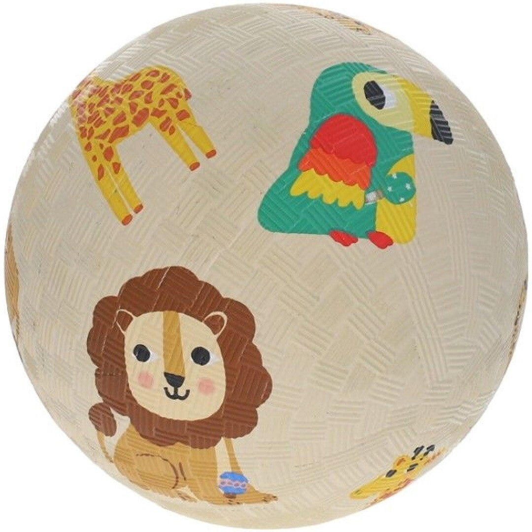 le petit souk rubber speelbal met illustraties van een giraffe, papegaai en leeuw.