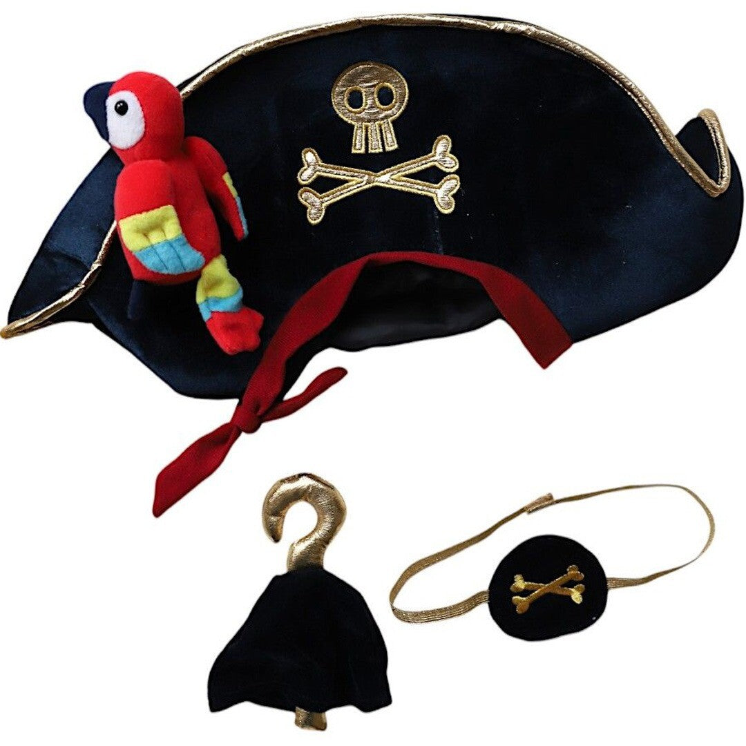Le petit souk piratenkostuum accessoires met een hoed met papegaai, een gouden haak en een ooglapje.