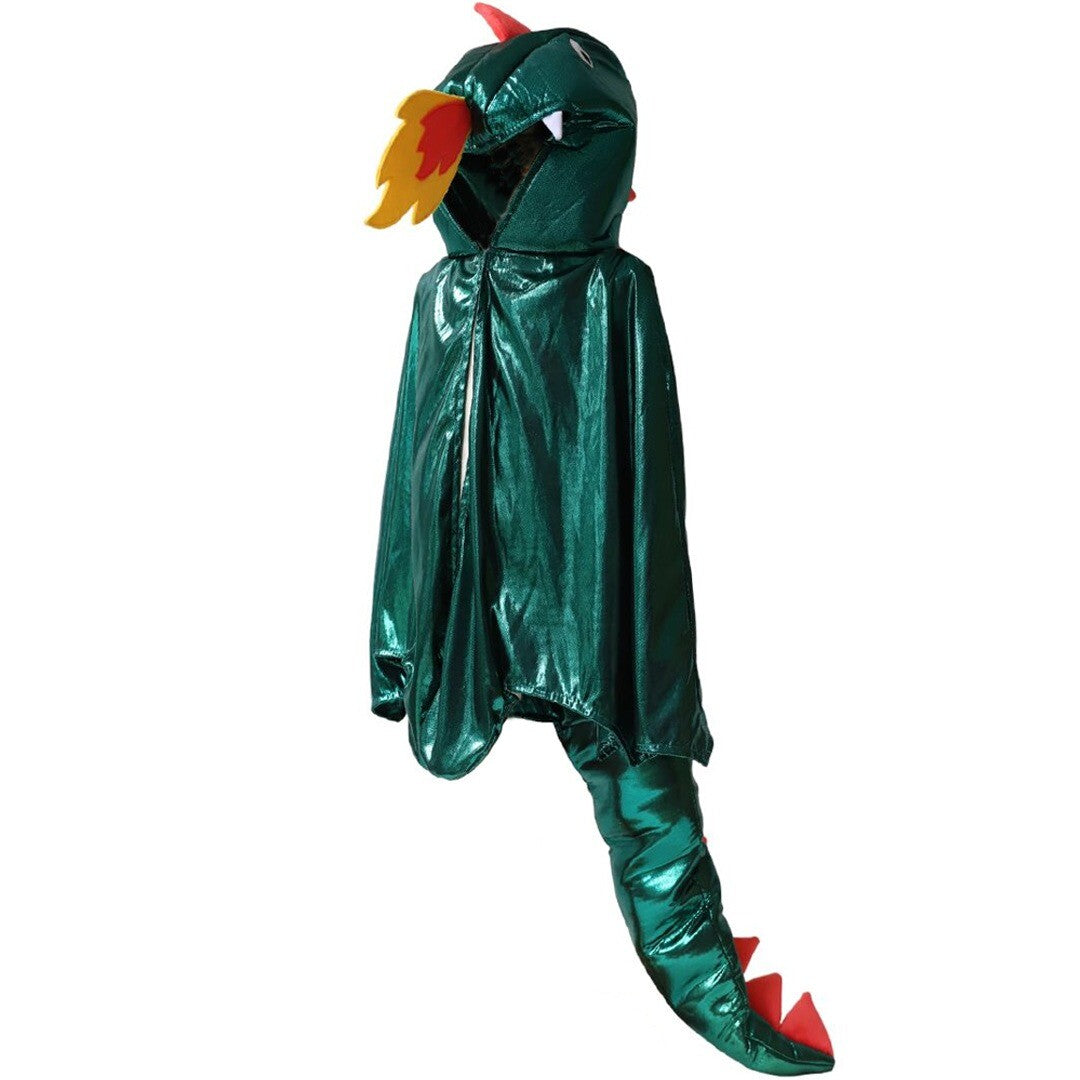 Le petit souk vuurspuwend drakenkostuum voor kinderen, groen en glimmend, met capuchon en staart.