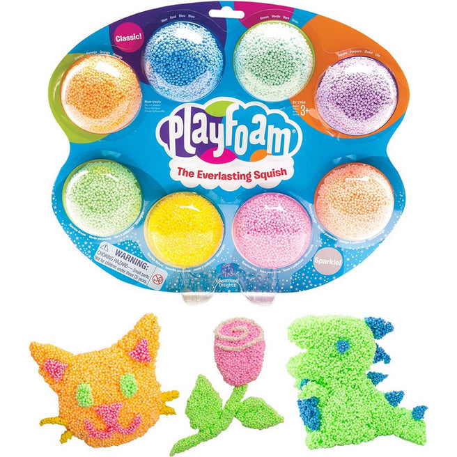 Verpakking van Learning Resources Playfoam sensorisch speelgoed met 8 kleuren schuim en voorbeelden van een kat, roos en dinosaurus.