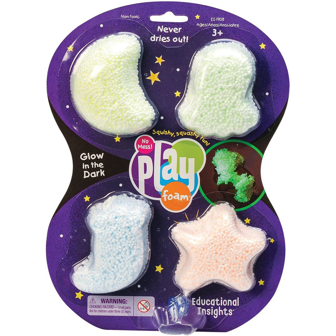 Verpakking van Learning Resources glow-in-the-dark Playfoam met vier voorgevormde figuren: een maan, spook, laars en ster.