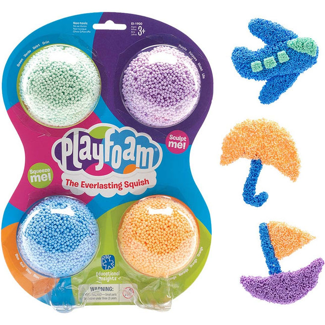 Verpakking van Learning Resources Playfoam met vier kleuren schuim en voorbeelden van een vliegtuig, paraplu en zeilboot.