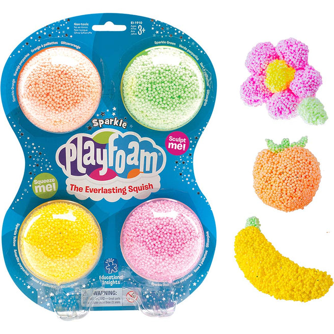 Verpakking van Learning Resources Playfoam Sparkle met vier kleuren schuim en voorbeelden van gesculpteerde vormen zoals een bloem en fruit.