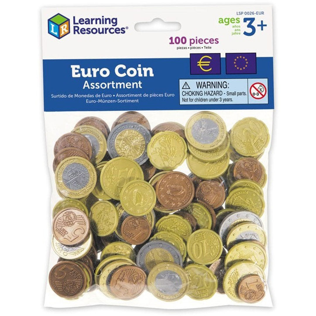 De verpakking van het Learning Resources speelgeld euro munten assortiment met 100 stuks.